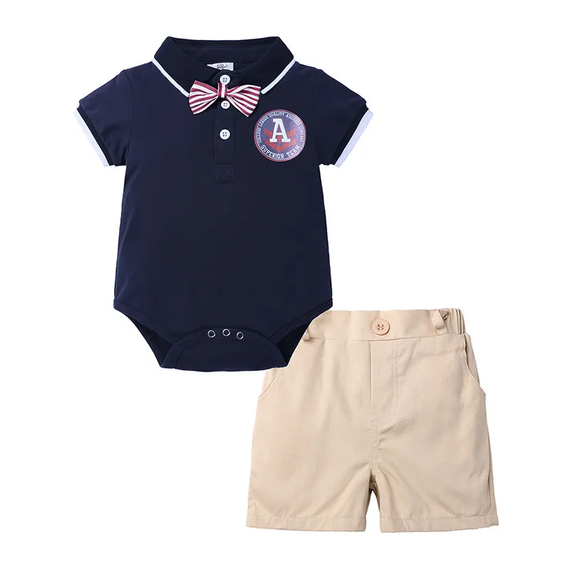 Baby Jungen Sommer Bodys Kurze Hosen Anzüge Kinder Smoking Hemden Kinder Sets Säugling Baumwolle Outfits Gentleman Kostüme 210413