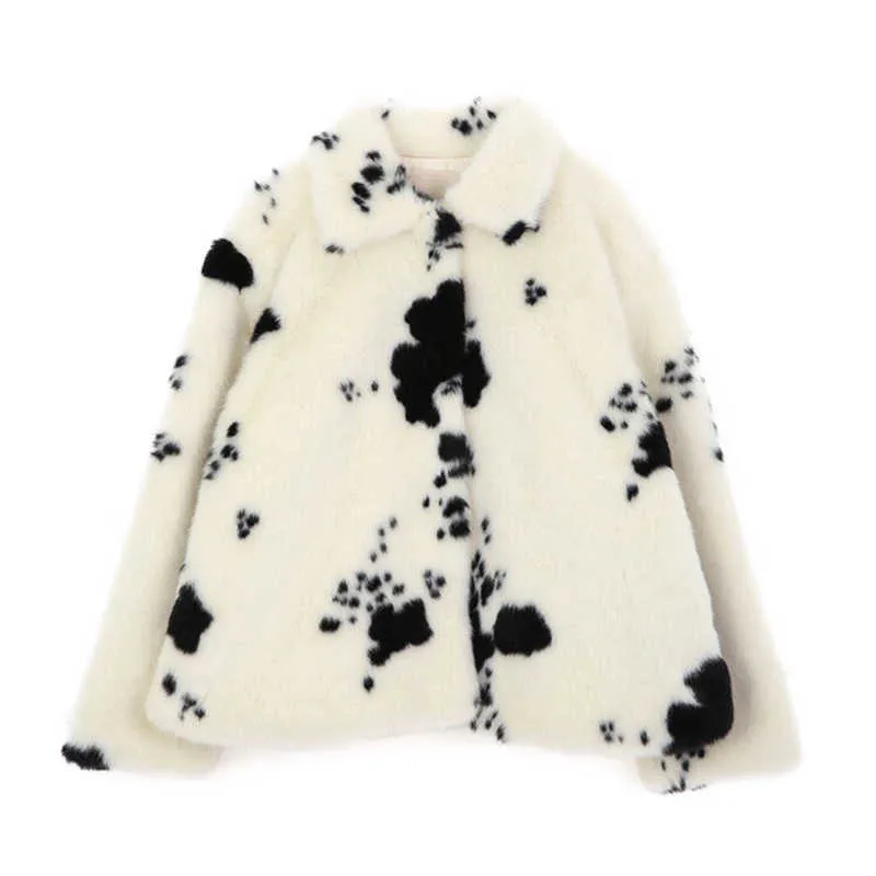 ever Winter Black and White Faux Mink Fur Coat Women Short Turn-down Collar Thick Warm Overcoat Korean Sweet Plush Coats 210817