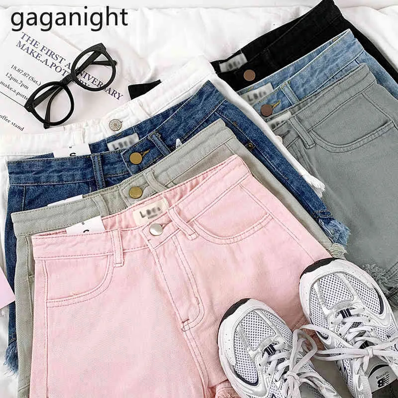 Gaganight Vintage femmes solide jean effiloché taille haute poche mode dames Streetwear Denim Shorts grande taille goutte court 210519