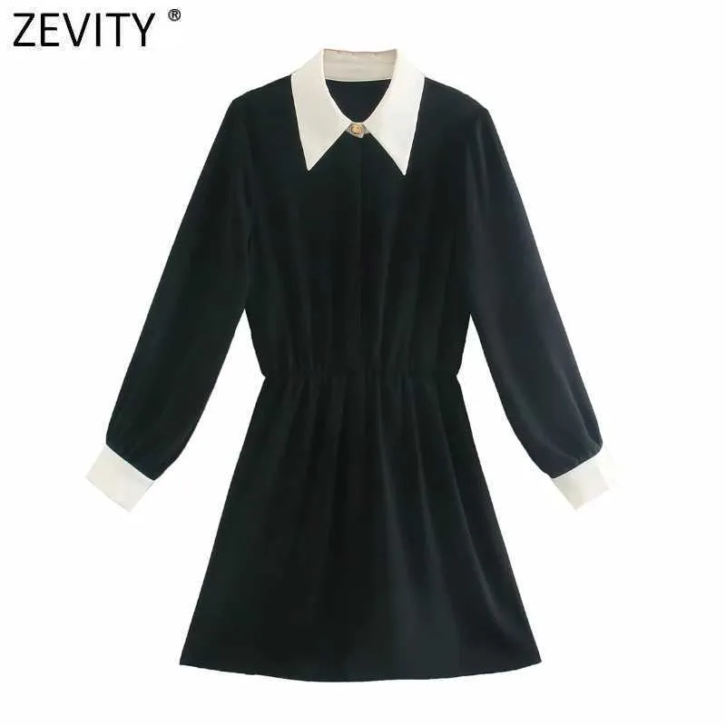 Zevity Femmes Mode Col Blanc Patchwork Noir Mini Robe Bureau Dames Manches Longues Boutons Chic Business Robe DS4732 210603