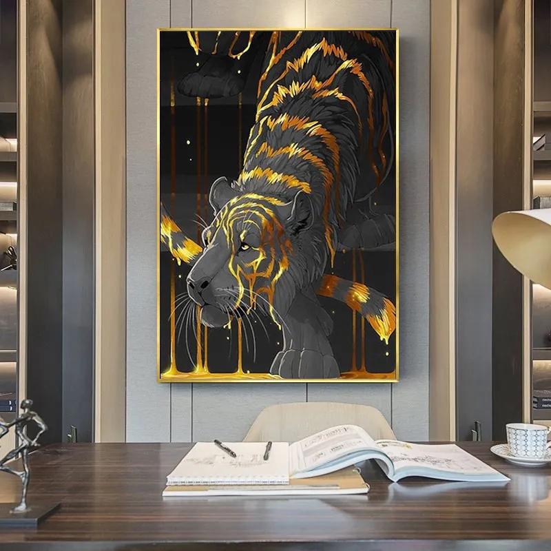 Affiches et imprimés abstraits de tigre de Lion noir avec des poils rayés dorés, peintures sur toile, images d'art murales pour salon et maison, Dec3422120