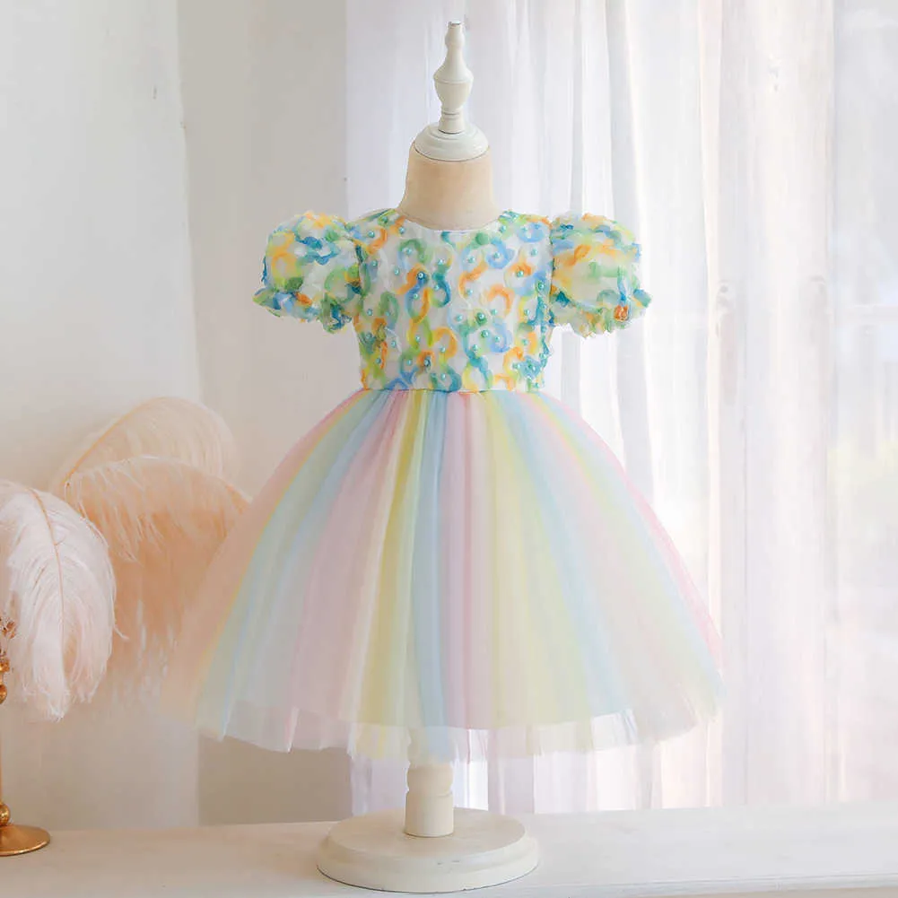 Kolorowe Dziewczyny Kwiat Sukienka Dla Kids Petals Rainbow Color Tulle Lolita Princess Toddler Party Costume 210529