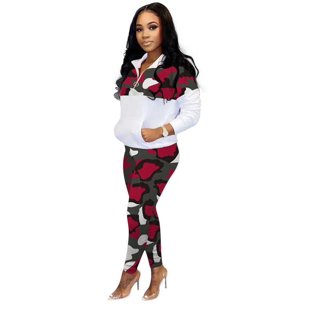 Winter Sale Ladies Casual Pullover Front Pocket Sweatshirts+Camouflage Straight Pants Plus Size Women Clothing Two Piece Set 210604