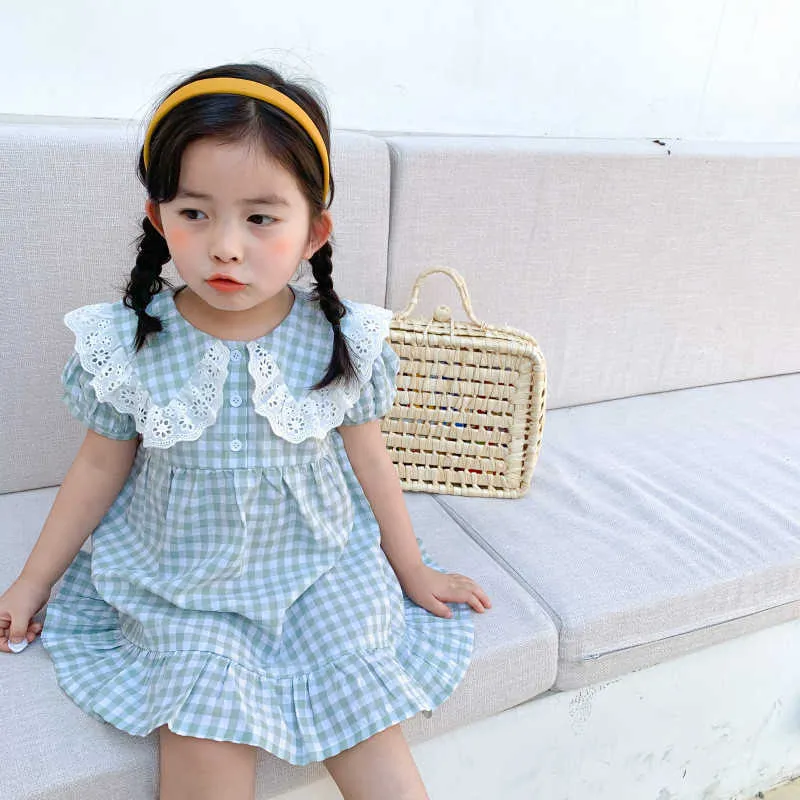 Zomer Koreaanse katoenen Puff Sleeve Plaid Meisjes Prinses Jurk Kant-ene Sailor Collar Kids Baby Meisjes Kinderkleding 210615