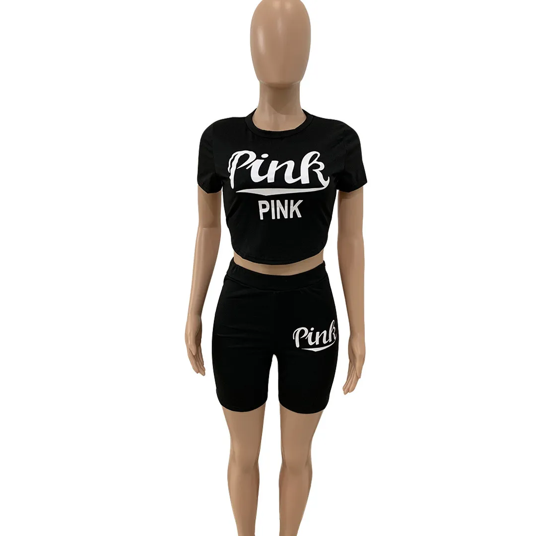 Tenues classiques de deux pièces pour femmes Ensembles Produit d'été Lettre Imprimer Dos nu Crop Top Biker Shorts Survêtement En Gros 210525