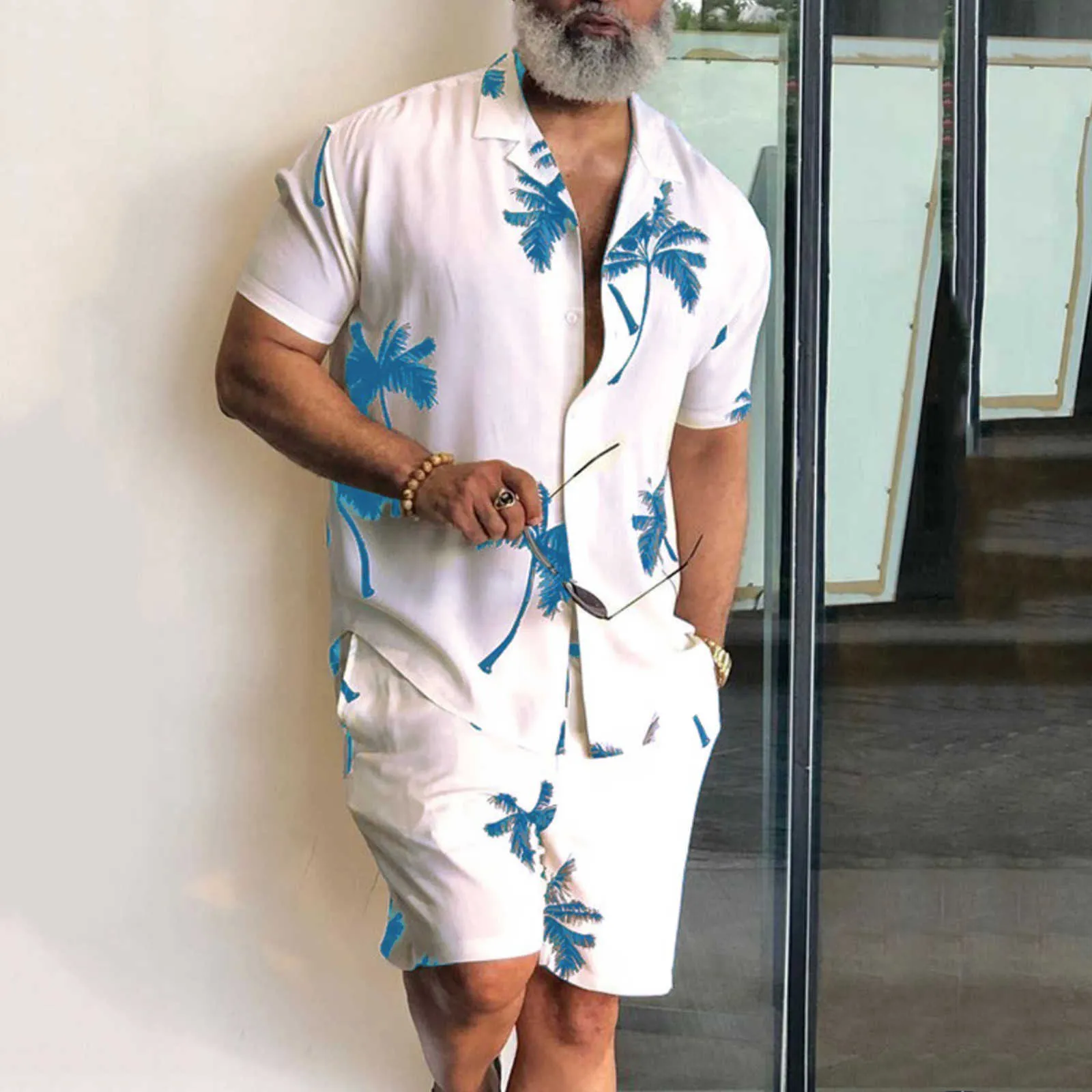 2021 Summer Hawaii Trend Print Sets Men Hawaii Shorts Shirt Clothing Set Casual Palm Tree Floral Shirt Beach Short Sleeve Suit X0909