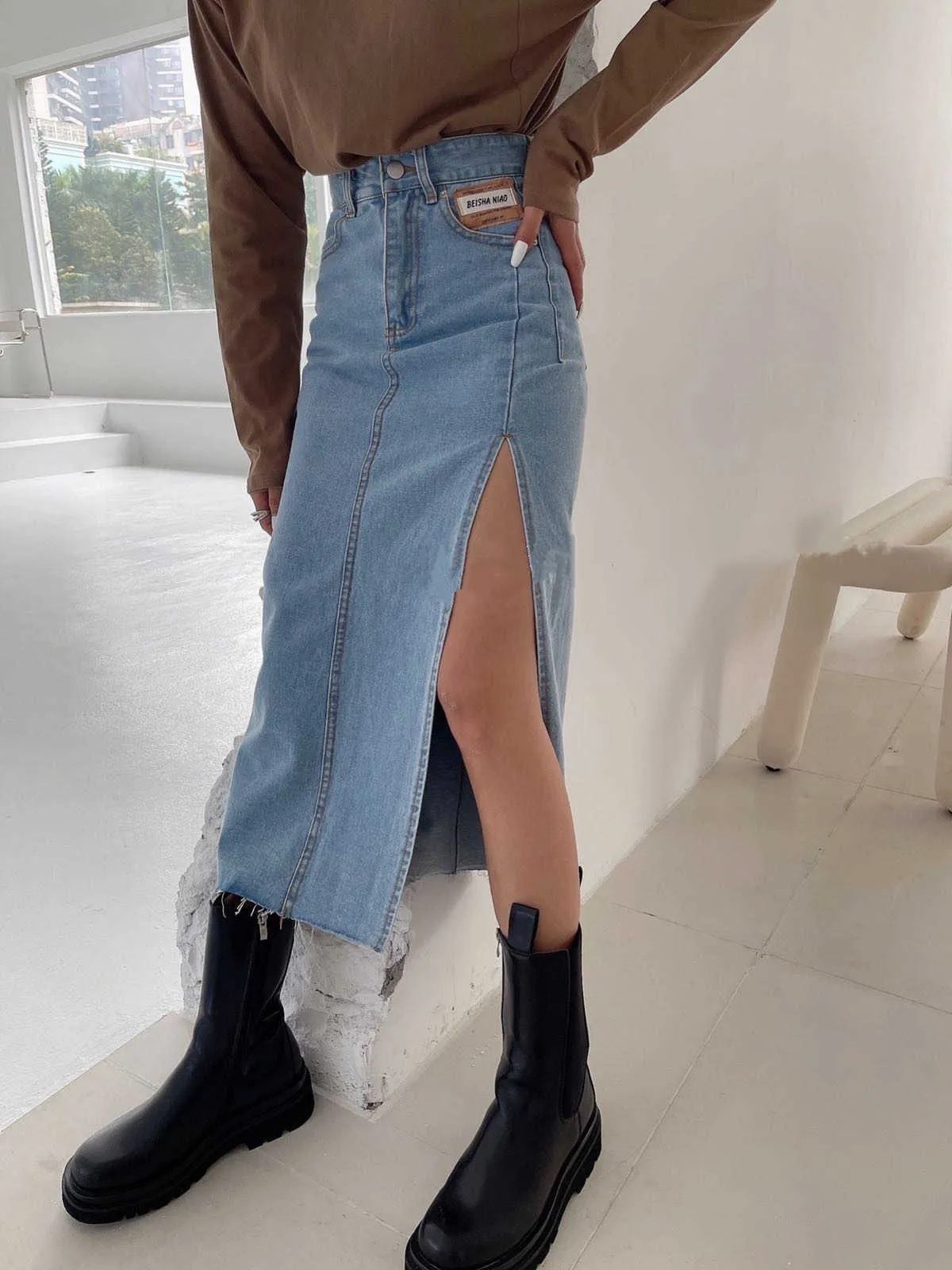 Seoulish Summer Women's Long Denim Skirt Vintage High Wasit Jeans Skirt Female Straight Side Split A-line Pencil Skirts 210708