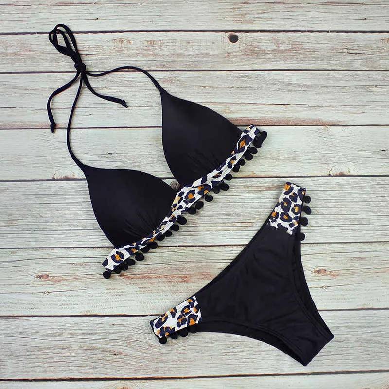 Push Up Bikini Swimwear Women Tassel Black Ball Leopard Plus Size Swimsuit Bathing Suit Summer Biquini Party XL 210611
