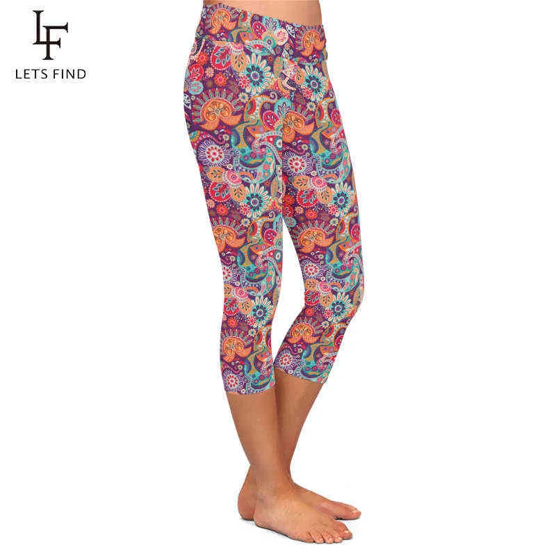 LETSFIND Moda Donna Leggings casual a vita alta 3D fiori di anacardi Stampa digitale Plus Size a metà polpaccio 3/4 elasticizzato 211204