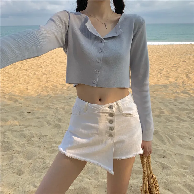 Корейский стиль O-шеи короткие вязаные свитера женские тонкие кардиган модный рукав защита от солнца урожай ропа Mujer 210430