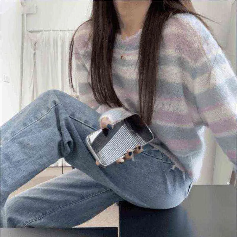 Gestreifte Pullover Frauen Design Retro Oansatz Koreanischen Stil Pelz-gefüttert Lose Sexy Frau Pullover Alle-spiel Outwear Chic tops Freizeit Y1110