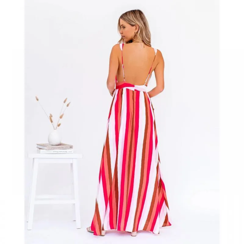 Women Dress Patchwork Striped Bohemia es Sexy Backless Deep V Neck Maxi es Loose Casual Plus Size Beach 210524