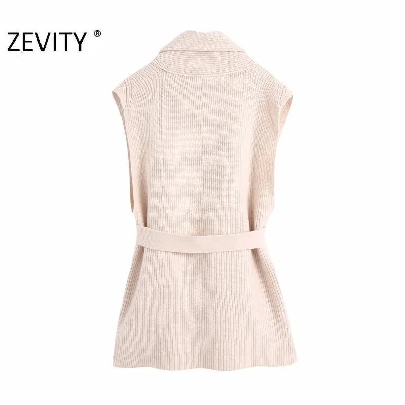 Women Fashion Turn Down Collar Pockets Patch Sashes Knitting Sweater Female Chic Sleeveless Open Stitching Vest Tops S458 210420