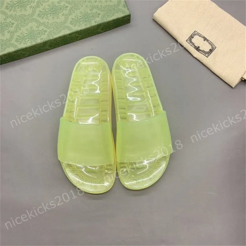 Mens Womens Slipper Laser Sommar Sandaler Strand Slides Populära Tofflor Ladies Sandali Badrum Candy Färg Jelly Skor Klassisk Fluorescens Print Blomma med låda