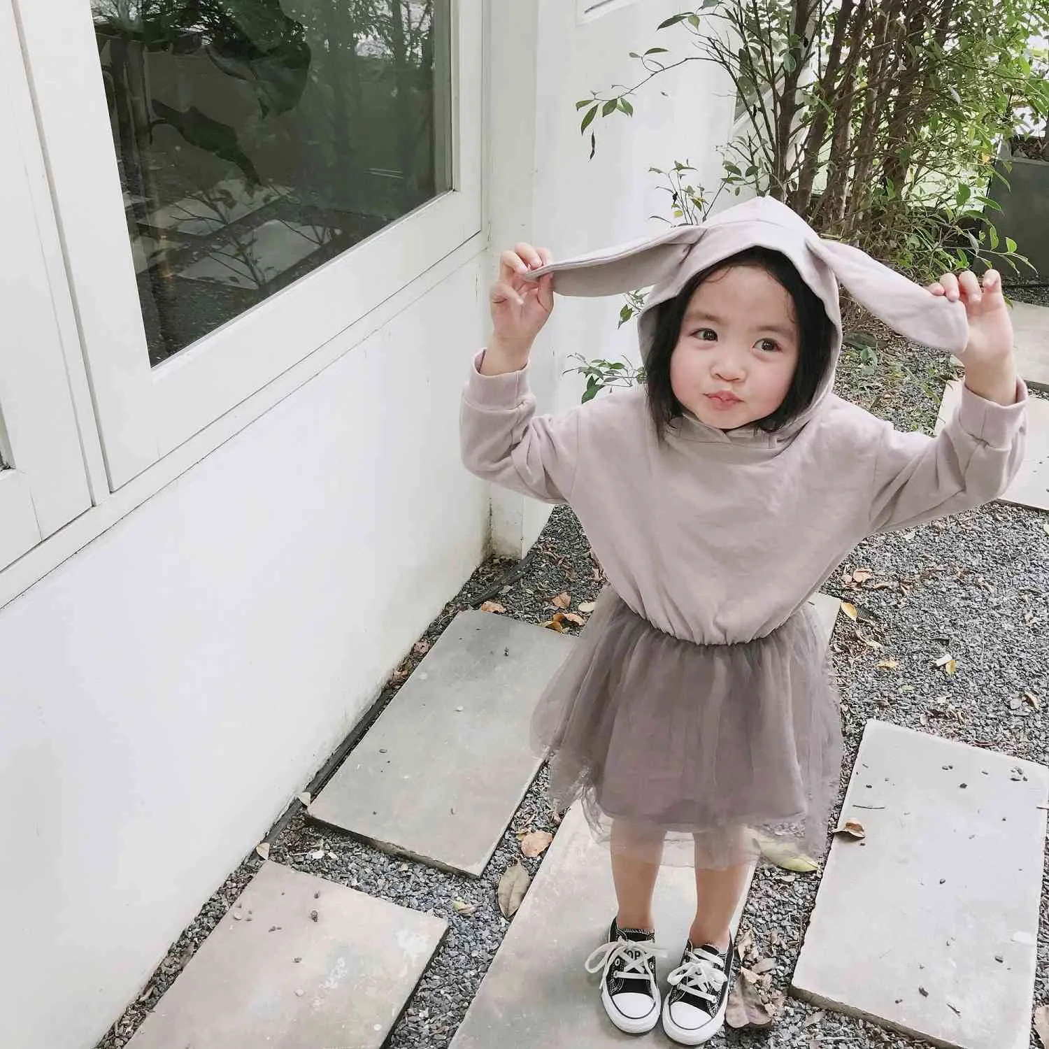 Spring arrival cute rabbit ears hooded mesh princess dresses baby girls cotton long sleeve all-match hoodies dress 210508