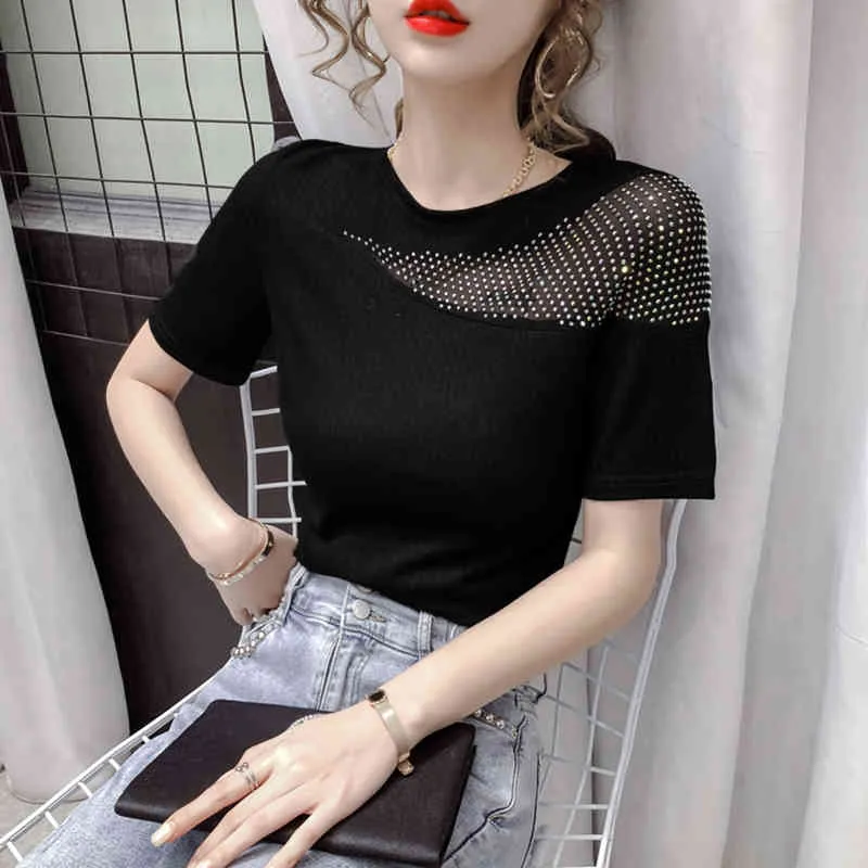 Diamants de femmes T-shirt Patchwork Tissu à manches courtes Slim Korean Club Sexy Mode Femme Sauvage Tees Femme Tops LS371 210506