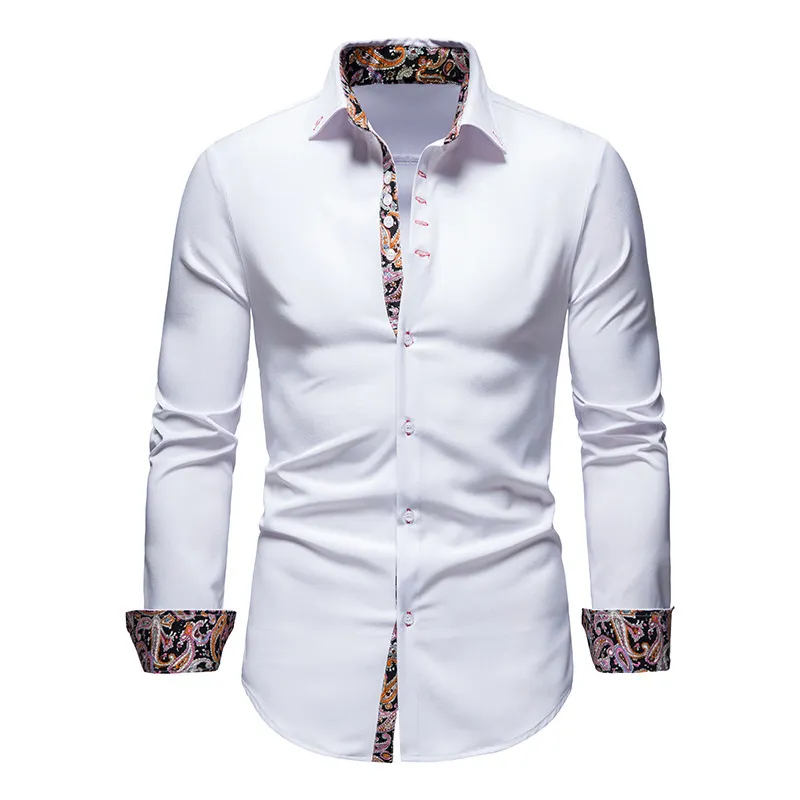 Svart Paisley Mens Shirt Patchwork Slim Långärmad Casual Skjortor Män Splice Skriv ut Arbete Business Bröllop Camisas Spring Märke 210524