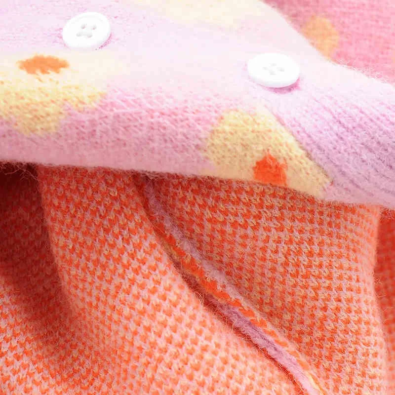 Foridol blommig stickad beskuren tröja cardigan v neck vintage knapp söt kort cardigan höst vinter rosa cardigan 210415