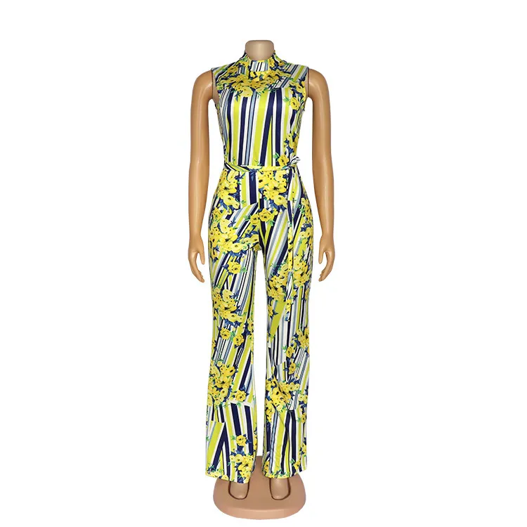 Mulheres Jumpsuit Impresso Alta Sem Mangas Elástico com Cintura Cinto Largo Pé Africano Senhora Tamanho Casual Moda Verão 210416