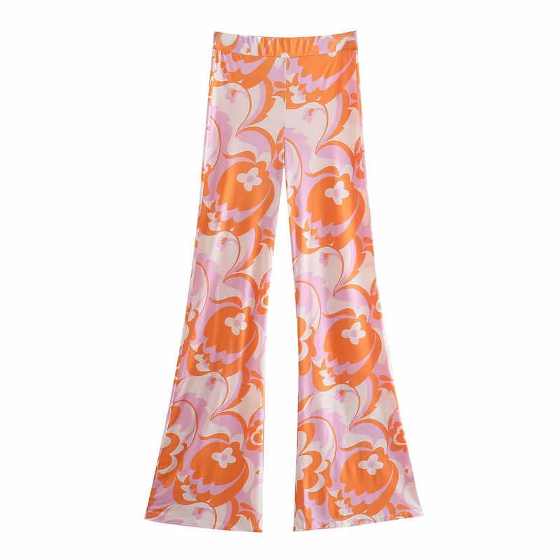 ビンテージ女性オレンジスリムプリントシャツセット春のエレガントな女性花マッチングレディースストリートウェア長袖スーツ210930