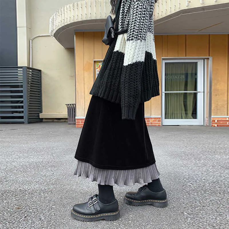 Zimowe vintage aksamitne spódnice Kobiety czarne szwy z wysokim talią długą retro velor spódnica koreańska kobieta Faldas Saias 210619