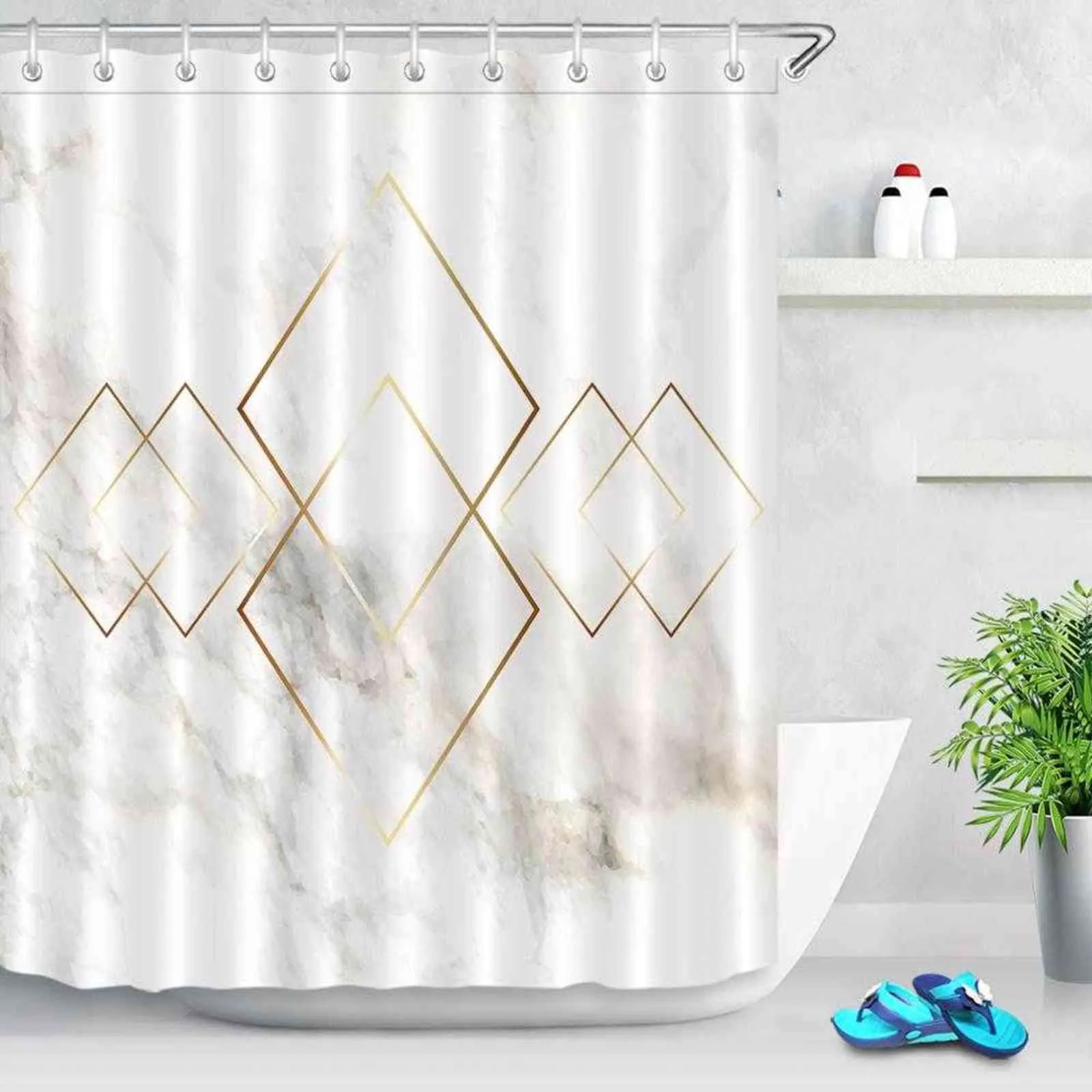 Cortinas de ducha con textura de mármol nórdico rombo geométrico dorado cortina de baño tela de poliéster impermeable para decoración de bañera 211116