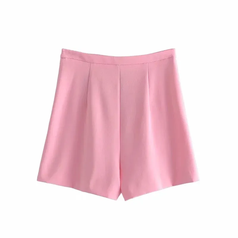 Femmes élégantes Rose Tweed Shorts Mode Double Poches Solide Shorts d'été Chic Streetwear 210521