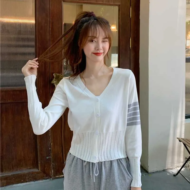 Cardigan femmes coréen à manches longues été recadrée tricoté col en V mince glace soie chandails crème solaire chemise hauts 210608