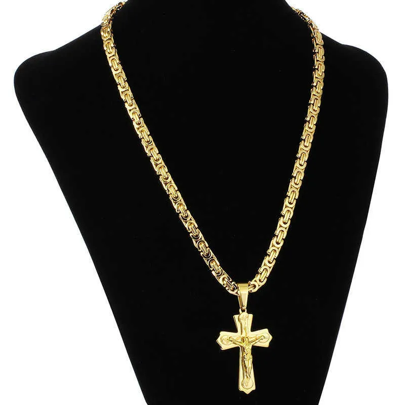 Religiöse Jesus-Kreuz-Halskette für Männer, Gold-Edelstahl-Kruzifix-Anhänger mit Kette, männlicher Schmuck, Geschenk 210721315I