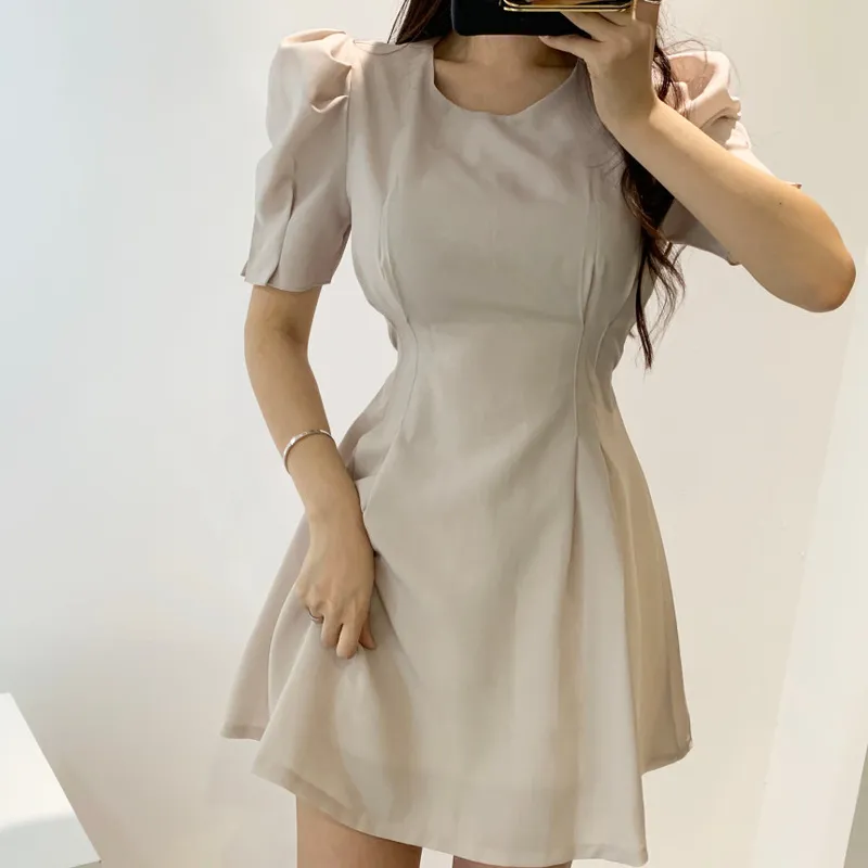 Temperament Koreański Slim Sukienka Kobiety Wysoka Talia Hip a Line Vestidos O Neck Puff Krótki Rękaw Solidna Szata Lato 210422