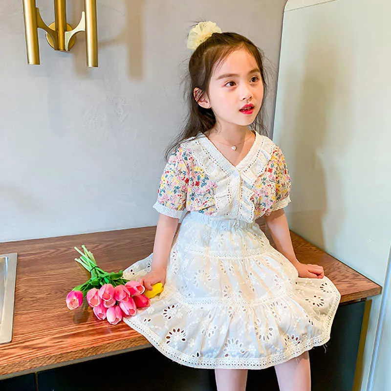 Summer Girl Clothes Suit Floral Blouse Top+ Lace Hollow White Skirt Country Style Baby Kids Children'S Clothing 210625