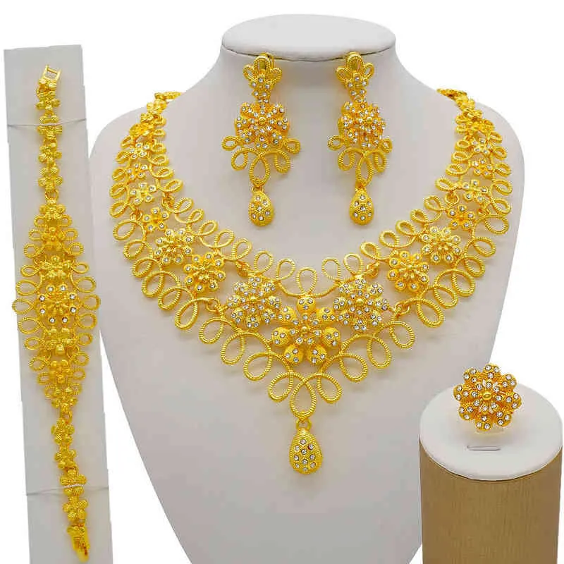 Nigeria Dubai 24K Gold Fine Flowers Zestawy biżuterii Afrykańskie ślubne prezenty ślubne imprezę dla kobiet Bransoletka Naszyjnik Pierścień SE 26730647