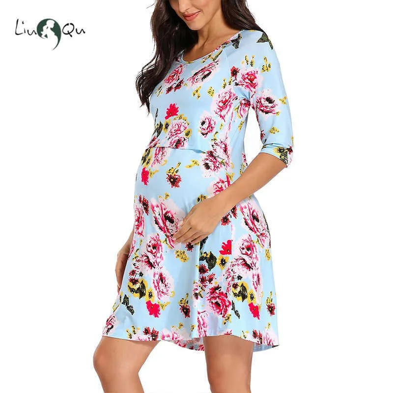 Women's Floral Maternity Dress Nursing Nightgown för amning Nightshirt Sleepwear Half Sleeve Round Neck Gravid 210918