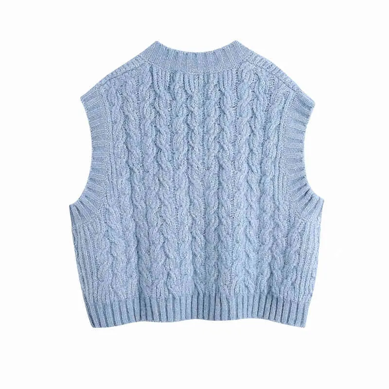 Maglione lavorato a maglia a trecce blu Gilet da donna con scollo a V senza maniche Ritagliato Inverno Donna Casual Vintage s 210519