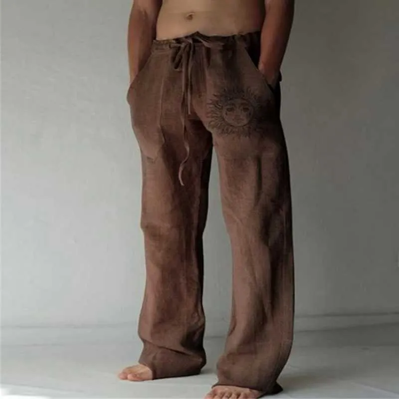 Été Vintage Hommes Coton Lin Surdimensionné Jogger Pantalon Hip Hop Avatar Imprimer Mâle Plus Taille Lâche Pantalon Large Jambe Hommes 210715