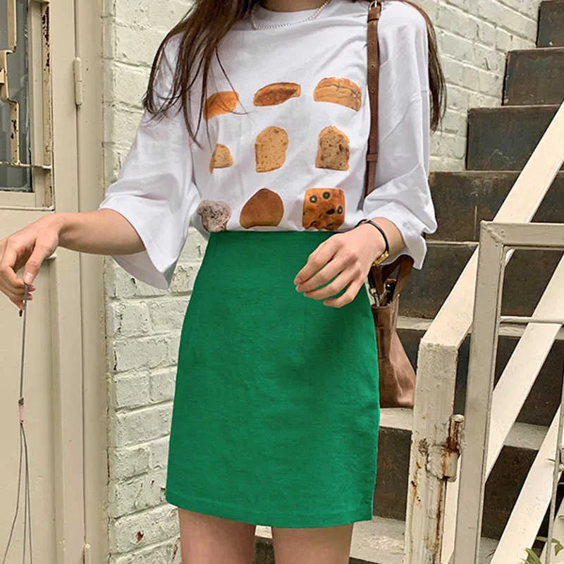 Korejpaa Kadınlar Setleri Yaz Kore Chic Bayanlar Tüm Maç Yuvarlak Boyun Gevşek Eğlenceli Ekmek Baskı T-Shirt Yüksek Bel Çantası Kalça Etek 210526