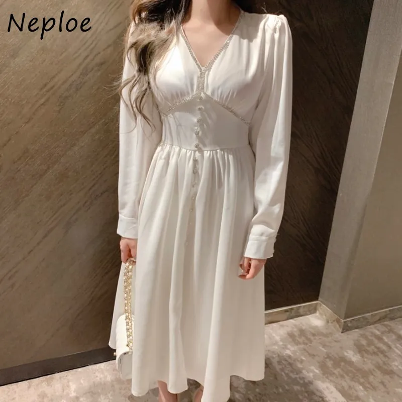 V Neck Single Breast Design Loose Dress Women High Waist Hip Draped A Line Vestidos Puff Long Sleeve Robe Spring 210422