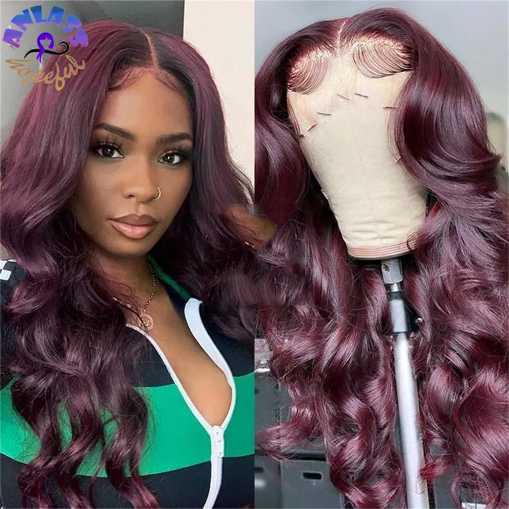 Brazilian Long Deep Wave Full Lace Front Wigs Human Hair Heat Resistant Glueless Wine Red Synthetic Wig for Black Women