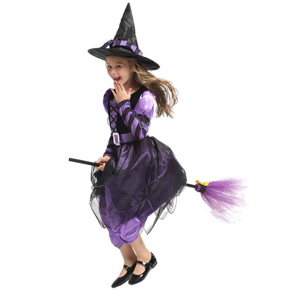 Costume da strega di Halloween bambine, scintillanti stelle d'argento, stampato, vestito cosplay di carnevale, con cappello a punta, bacchetta magica, vestiti Y0913