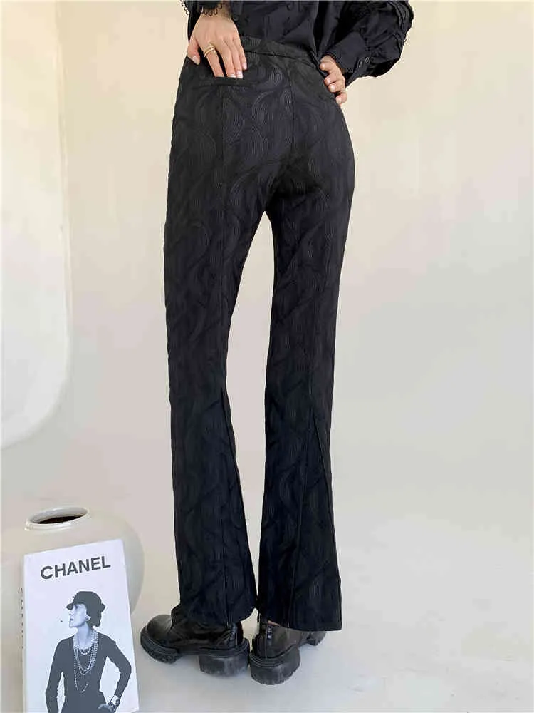 Primavera Pantalones negros Mujeres Pantalones de cintura alta Damas Textura Flare Moda coreana Estética Ropa de moda 210427