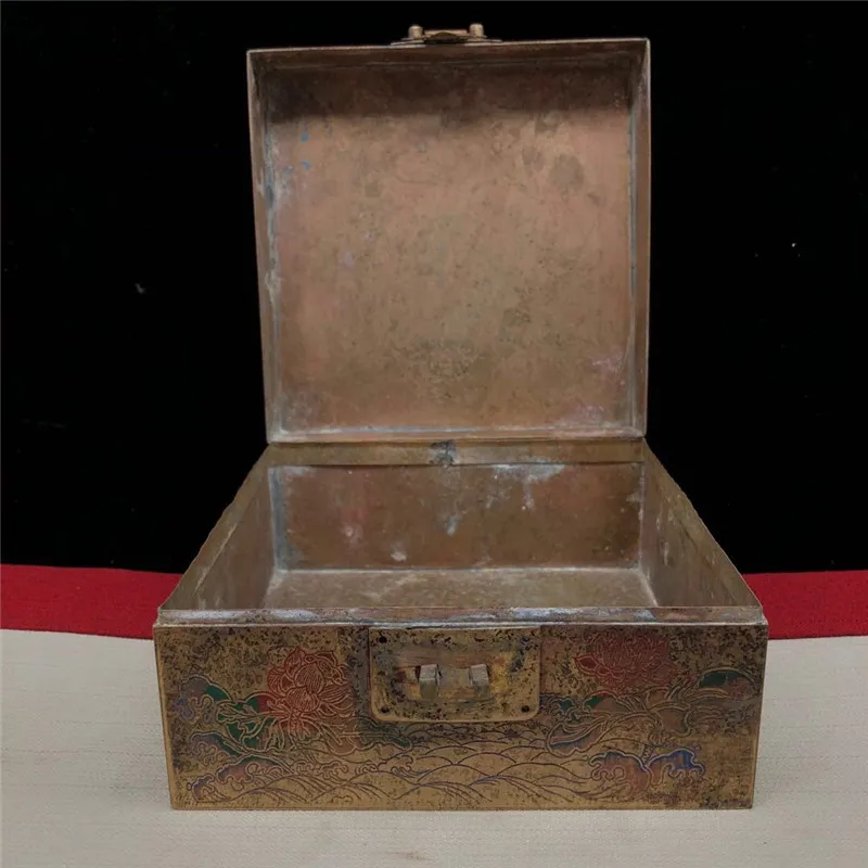 Boîte de rangement de bijoux de la dynastie Qing, Collection en laiton, cartouche de quatuor Dragon et phénix, peinture couleur en Relief, boîte en cuivre