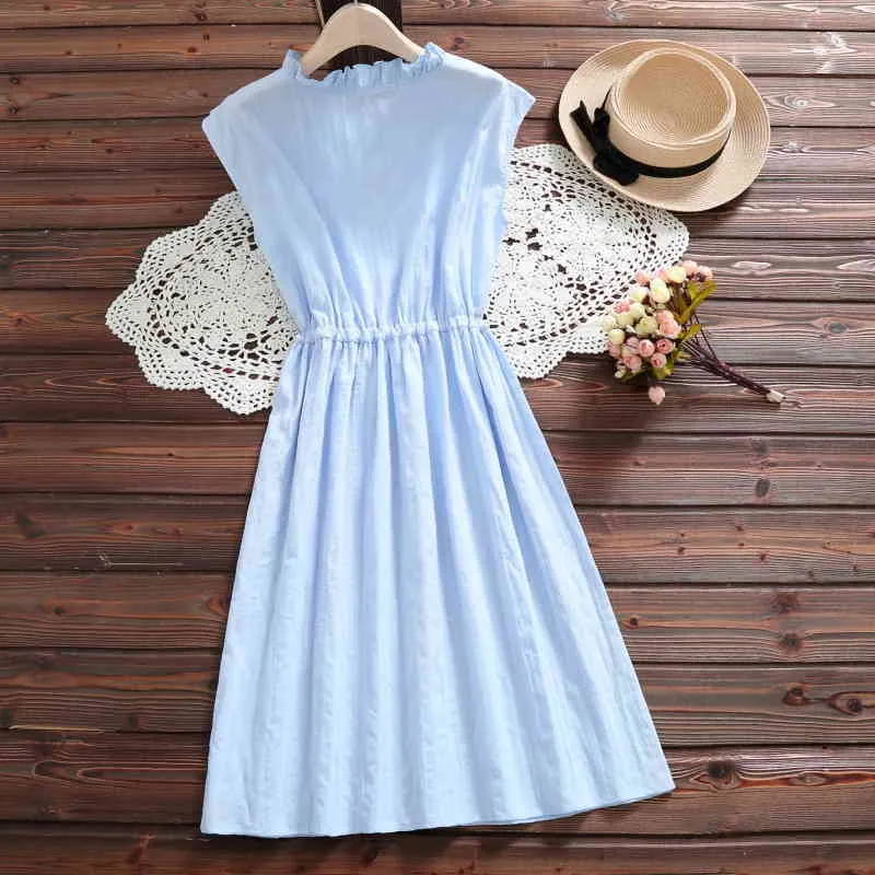 甘い女性のドレス夏のカジュアルなノースリーブベルトコットンとリネンボタン女性エレガントな青いvestidosドレス服9525 210417