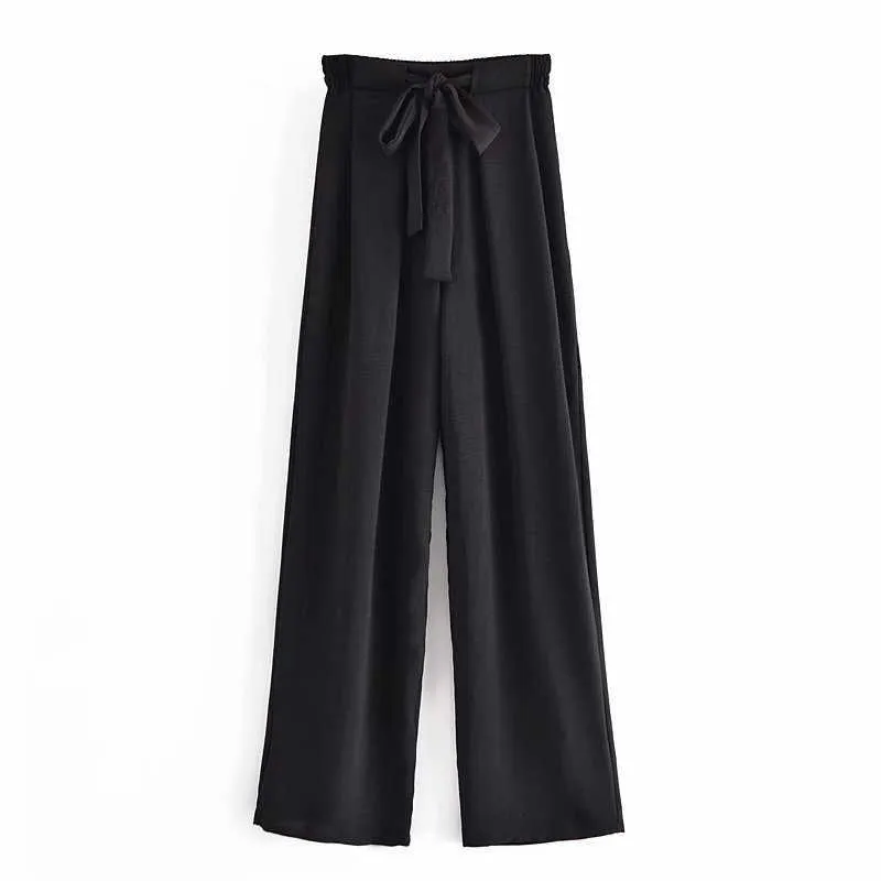Za czarny wysoki talia spodnie florle lato kobiety elastyczne talii przednie rzutki wiązane szerokie spodnie nogi kobiece eleganckie spodnie vintage 210602