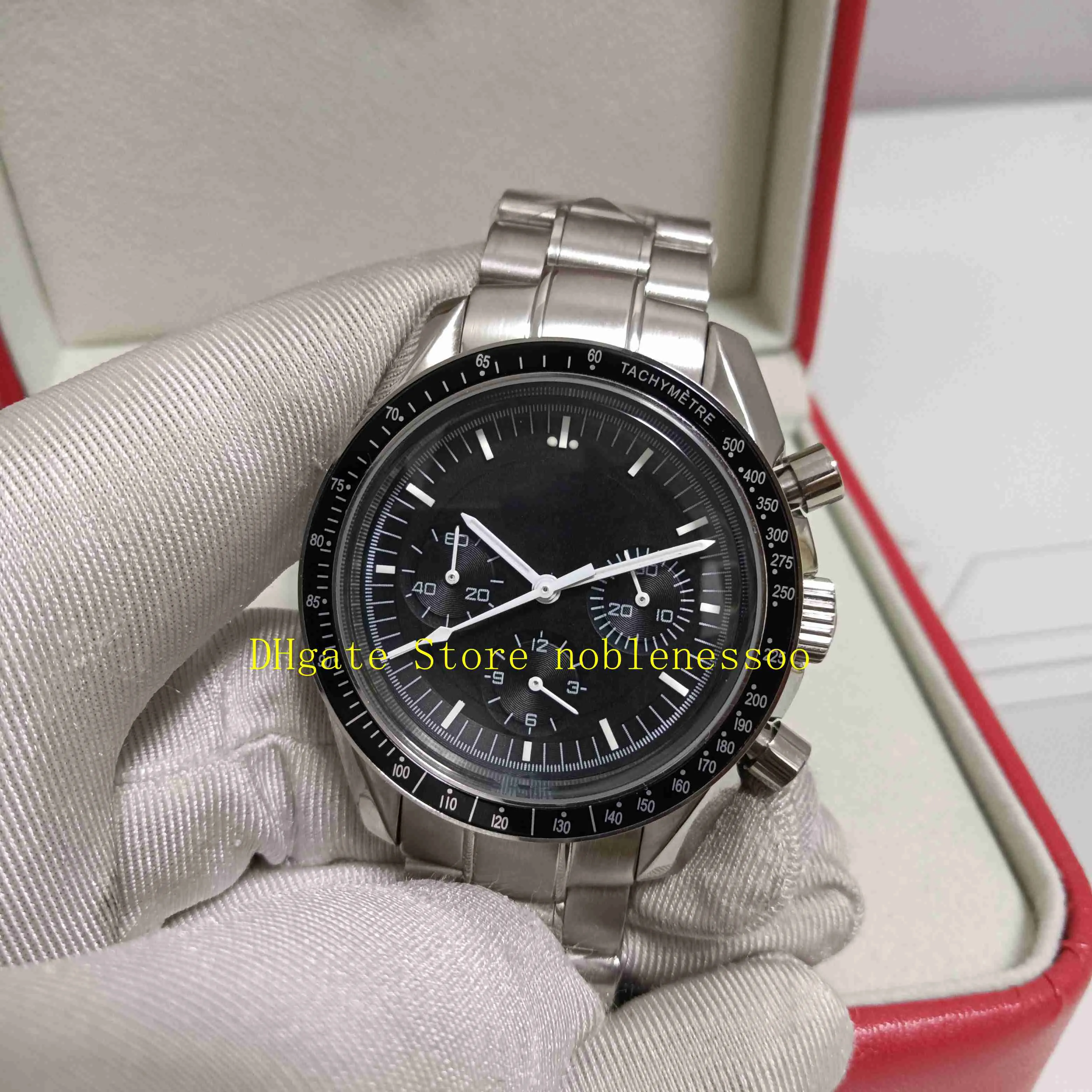 Avec boîte d'origine Top qualité hommes chronographe montre hommes cadran noir Chrono travail professionnel bracelet en acier inoxydable Quartz Movem225e