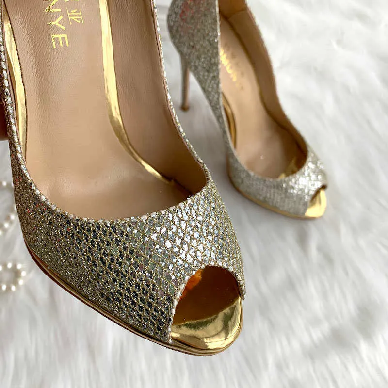 TOMONYE light glitter shinny peep toe women extremely thin high heel pumps with platform custom made spring autumn summer shoes 210610