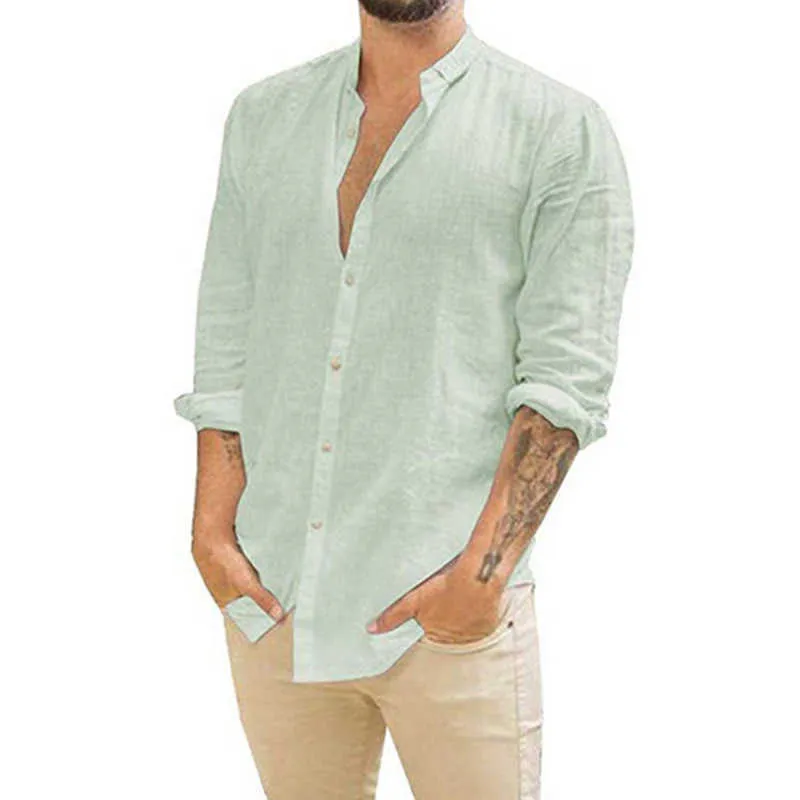 Camisas de hombre Verano Primavera Casual Manga larga Moda Camisa de playa Camisa social sólida Lino Hombre Outwear Ropa de hombre suelta LM408 210708