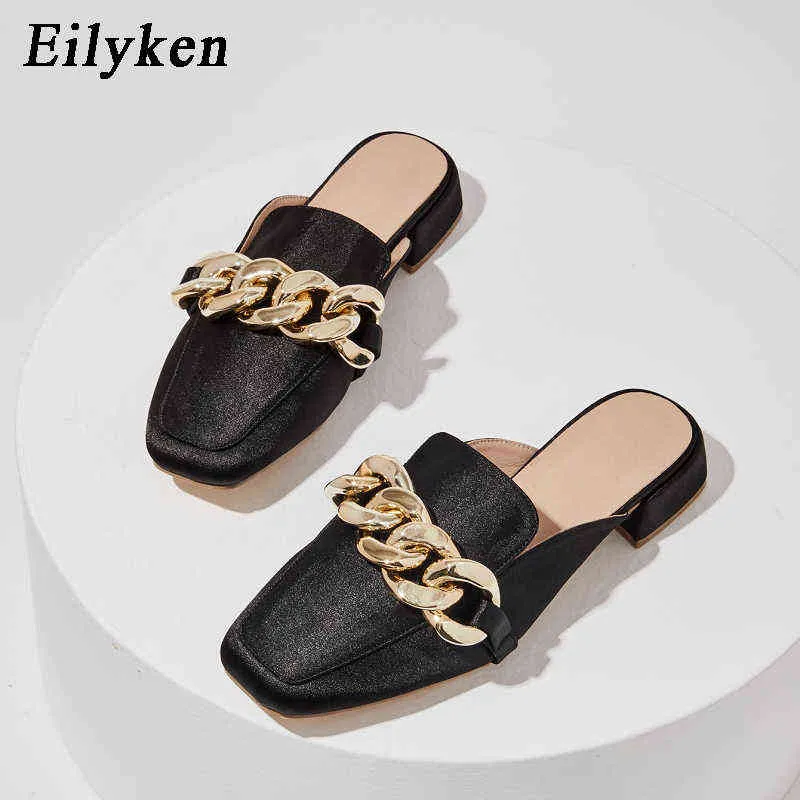 Chinelos Eilyken New Spring Mule Square Toe Salto Flat Slides Marca Metal Buckle Slip em Slipper Casual Senhoras Sanals220308