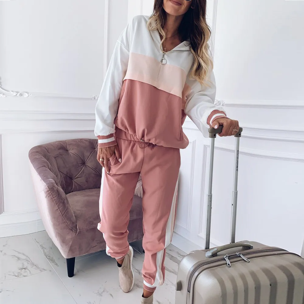 Autumn Winter Long Sleeve Top Shirts And Long Pants Bottom Sports Women Set Sweatsuit Pink Two Piece Sets Casual Sports Suits 210521