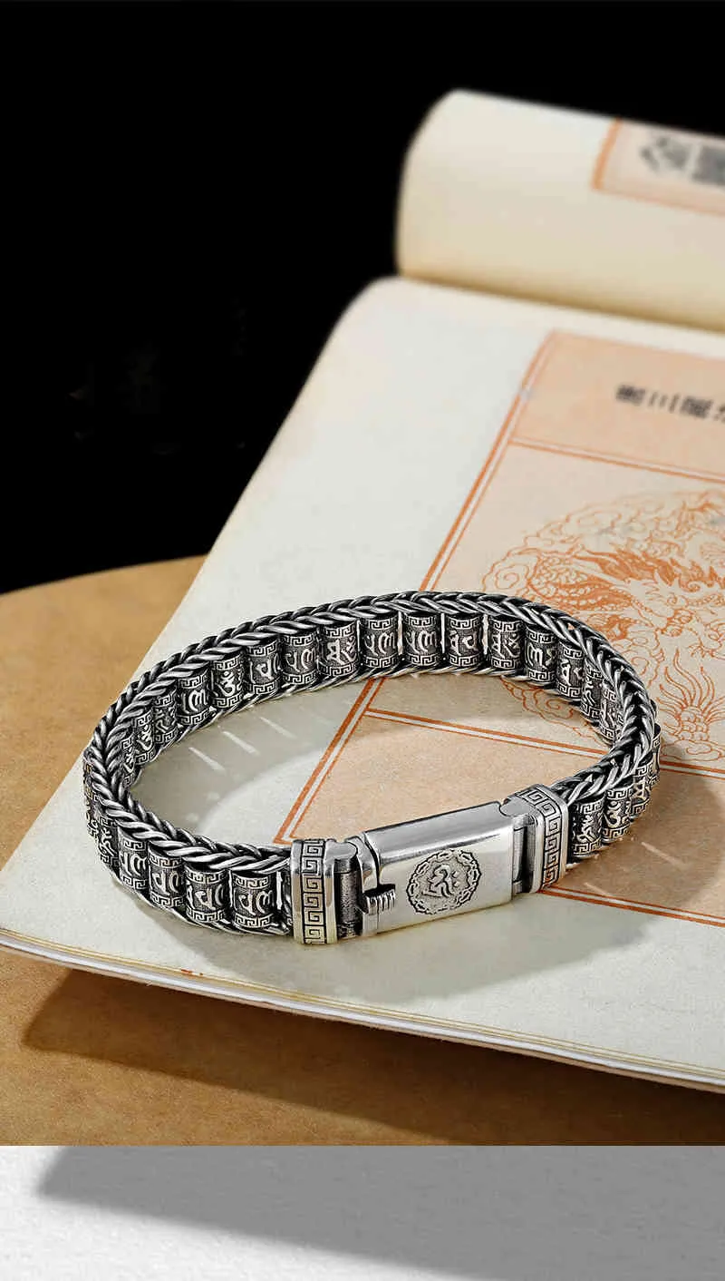 Bracelet de roue de prière Passepartout créatif fait à la main pour hommes, perles de transfert en argent Sterling 039s, Mantra à six caractères rétro9697262