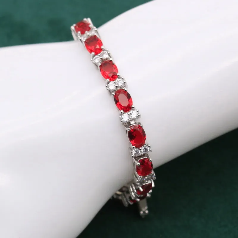 Conjunto de joyería de plata con piedras rojas geométricas para mujer, pulsera, pendientes, collar, anillo colgante, 2021